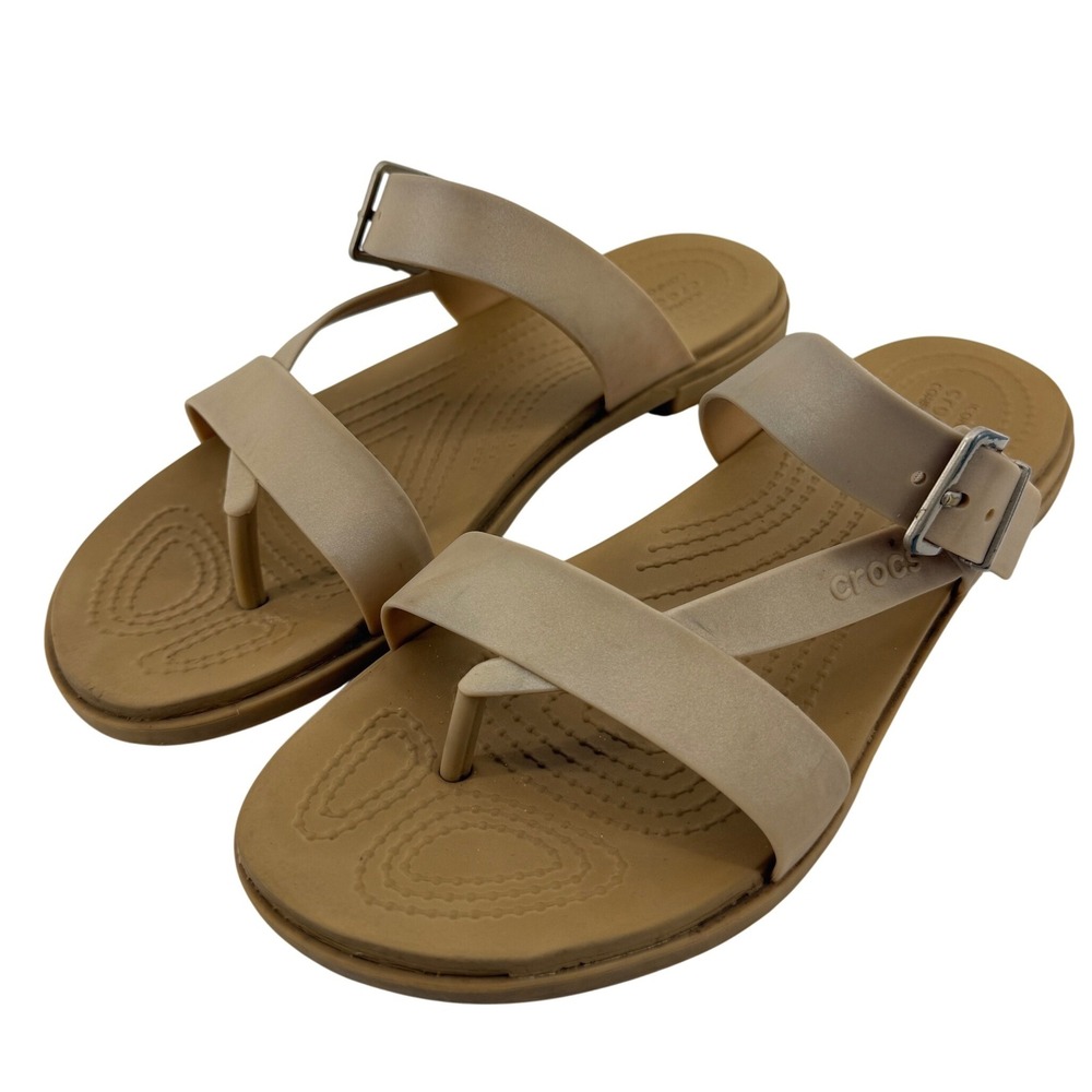Crocs Tulum Toe Post Toe Sandal Metallic Champagne Tan Women 8 Slip On Buckle